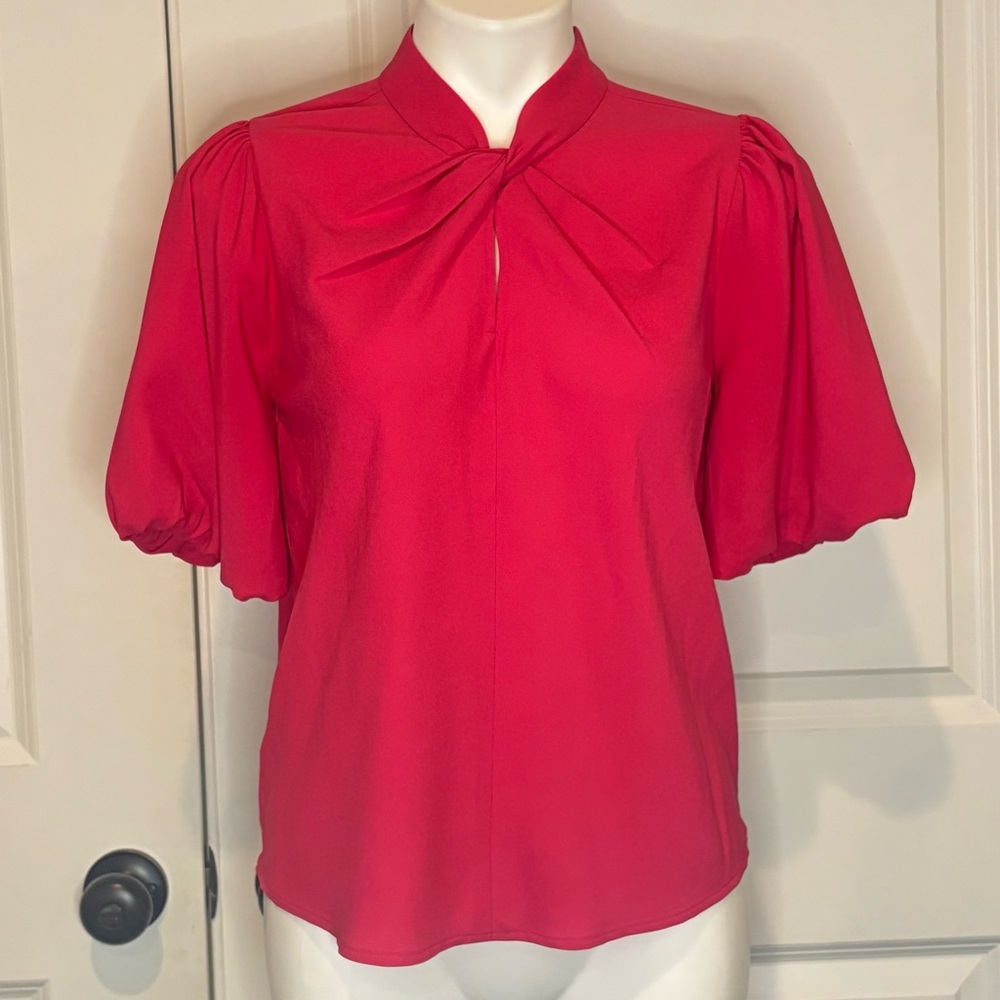 LOFT Hot Pink Twist Neck Keyhole Puff Bubble Short Sleeve Top XS 766705